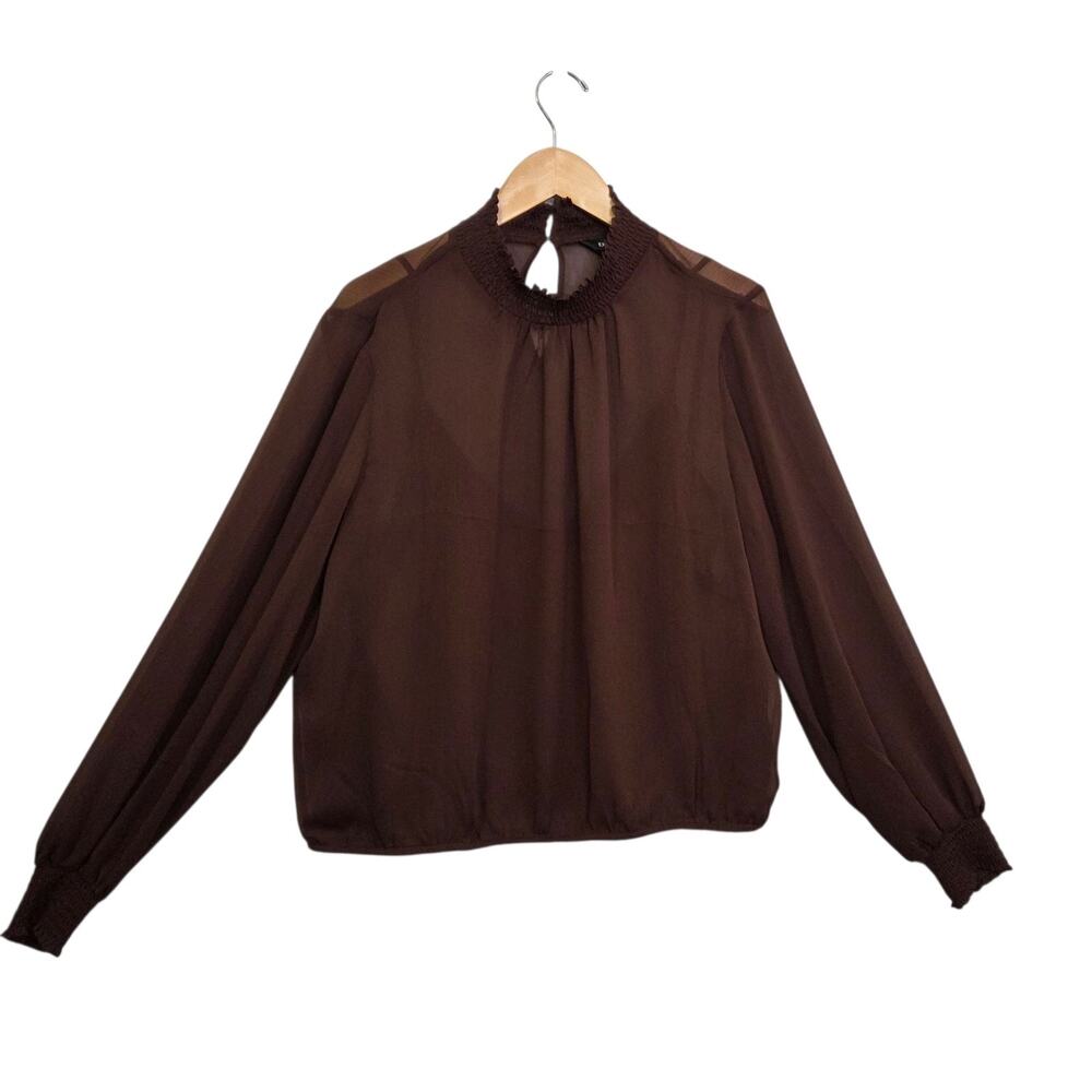 Express Womens Smocked‎ Neck Sheer Long Sleeve SZ XL Top Chocolate Brown NWT